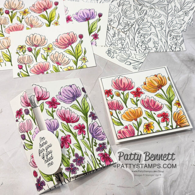 Handmade greeting cards featuring hand-colored floral designs in pink, purple, orange, and yellow using Stampin’ Blends from Stampin’ Up. One card has an oval tag reading "I'm here for you if you need me." “Patty Bennett” watermark. To read more, visit Patty Stamps (pattystamps.com)