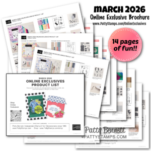 A promotional graphic featuring a preview of a 14-page “March 2026 Online Exclusive Brochure” with layered pages showing crafting supplies and designs. Text highlights “14 pages of fun!!” and includes a website link: www.PattyStamps.com/OnlineExclusives. To read more, visit Patty Stamps (pattystamps.com)
