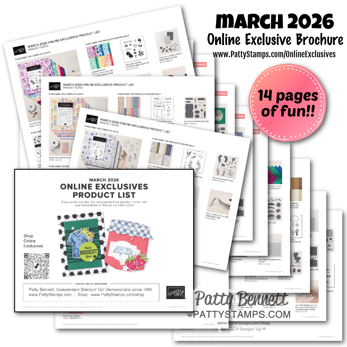 A promotional graphic featuring a preview of a 14-page “March 2026 Online Exclusive Brochure” with layered pages showing crafting supplies and designs. Text highlights “14 pages of fun!!” and includes a website link: www.PattyStamps.com/OnlineExclusives. To read more, visit Patty Stamps (pattystamps.com)