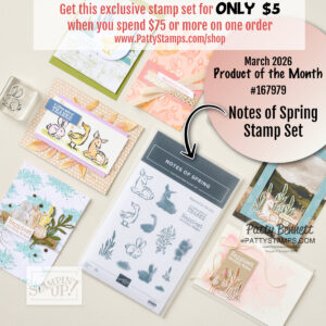 Flat lay of handmade spring-themed cards with bunnies and flowers, featuring new products from Stampin' Up! Surrounding a clear-packaged “Notes of Spring Stamp Set”—just $5 with March 2026 orders of $75+ at PattyStamps.com. Pastel and nature-inspired designs. To read more, visit Patty Stamps (pattystamps.com)