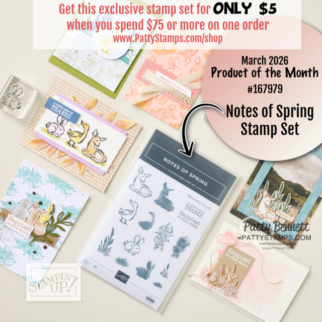 Product of the Month March 2026. Flat lay of handmade spring-themed cards with bunnies and flowers, featuring new products from Stampin' Up! Surrounding a clear-packaged “Notes of Spring Stamp Set”—just $5 with March 2026 orders of $75+ at PattyStamps.com. Pastel and nature-inspired designs. To read more, visit Patty Stamps (pattystamps.com)