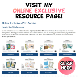 Screenshot of a web page titled "Visit my Online Exclusive Resource Page!" showing an archive of PDF lists for online exclusives, with thumbnails and dates ranging from March 2026 to July 2025. A red “Click Here” button appears at the bottom right. To read more, visit Patty Stamps (pattystamps.com)