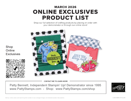 Two handmade greeting cards are displayed: one with a sports theme in blue and green, reading “You’re the biggest fan,” and another with a red gingham pattern featuring strawberries and “Love you berry much.” QR code and contact info for Patty Bennett are below. To read more, visit Patty Stamps (pattystamps.com)
