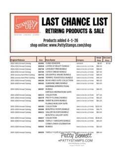 A sales flyer featuring a table titled “Last Chance List: Retiring Products & Sale.” It lists Stampin’ Up! items, release years, names, categories, prices, and discounts. PattyStamps.com and “Patty Bennett” branding appear at the top and bottom. To read more, visit Patty Stamps (pattystamps.com)