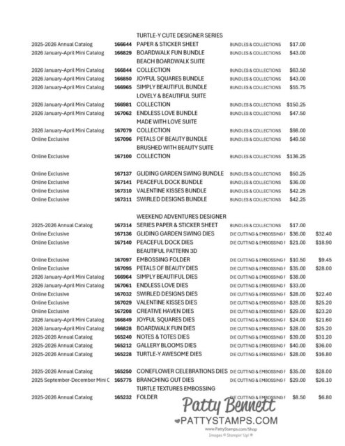 A catalog list showing product names, item numbers, sources, categories, and prices for crafting supplies. Includes bundles, papers, and dies, with prices ranging from $7.00 to $136.25. "Patty Bennett - pattystamps.com" is at the bottom. To read more, visit Patty Stamps (pattystamps.com)