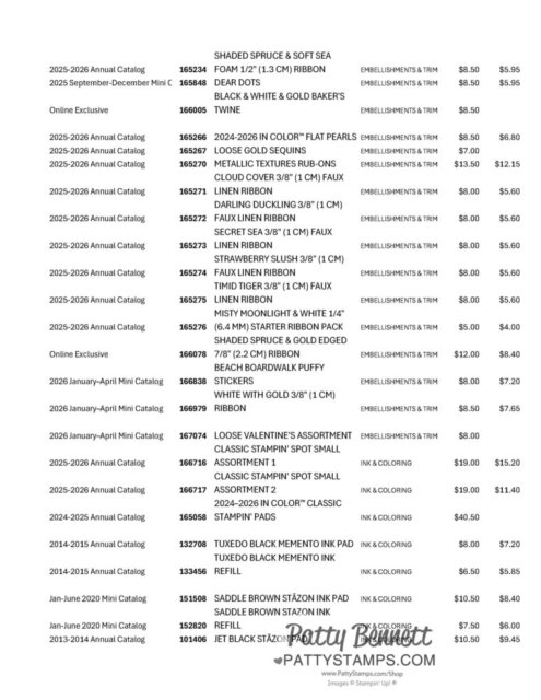 A catalog order sheet lists item numbers, names, categories, and prices in columns. The list includes ribbons, boxes, twine, ink pads, and embellishments from various catalogs, with descriptions, regular and sale prices, and © pattystamps.com at the bottom. To read more, visit Patty Stamps (pattystamps.com)