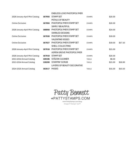 A product list from PattyStamps.com shows various stamp sets and tools with item numbers, catalog sources, and prices, including "Petal of Beauty," "Simply Beautiful," and "Masking," with prices from $10.50 to $32.00. Patty Bennett’s logo is at the bottom. To read more, visit Patty Stamps (pattystamps.com)