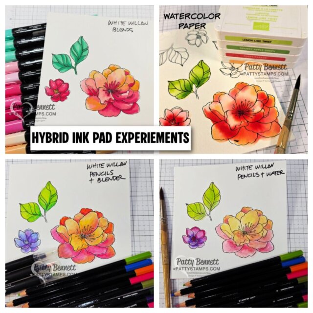 A collage shows three floral watercolor illustrations on paper, labeled with ink and pencil techniques. Colored pencils, ink pads, and brushes are visible. Text says “HYBRID INK PAD EXPERIEMENTS” and each image details different blending and coloring methods. To read more, visit Patty Stamps (pattystamps.com)