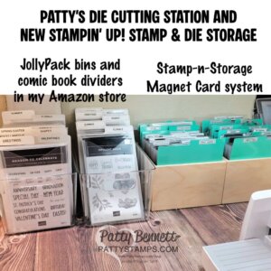 A craft station features two organized storage systems for stamps and dies. On the left, clear bins with labeled comic book dividers hold stamp sets. On the right, turquoise magnetic cards store metal dies vertically. Text overlays describe the storage methods. To read more, visit Patty Stamps (pattystamps.com)