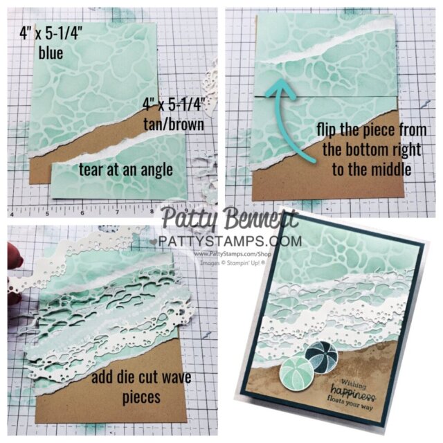 Four-step card-making tutorial. Step 1: 4"x5¼" blue and 4"x5¼" tan/brown papers, tan torn at an angle. Step 2: flip torn tan piece onto blue paper. Step 3: add die cut white wave pieces. Step 4: finished beach card with waves and three seashells. To read more, visit Patty Stamps (pattystamps.com)