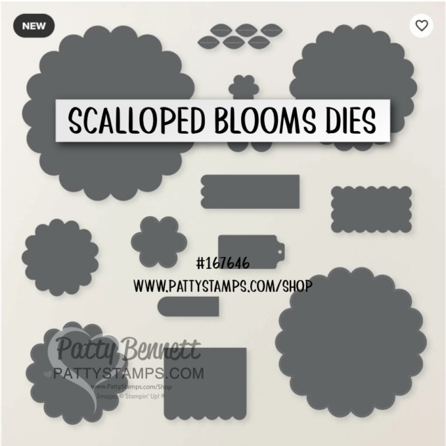 A collection of fifteen dark gray metal cutting dies in various scalloped and rectangular shapes, displayed on a white background. Text reads “SCALLOPED BLOOMS DIES” in the center, and website information is shown at the bottom. To read more, visit Patty Stamps (pattystamps.com)