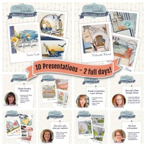 A collage advertises an online creative retreat, featuring craft-themed graphics, photos of six women presenters, project previews, and text reading “10 Presentations – 2 full days!” with details about sessions, dates, times, and a congratulatory seaside card. To read more, visit Patty Stamps (pattystamps.com)