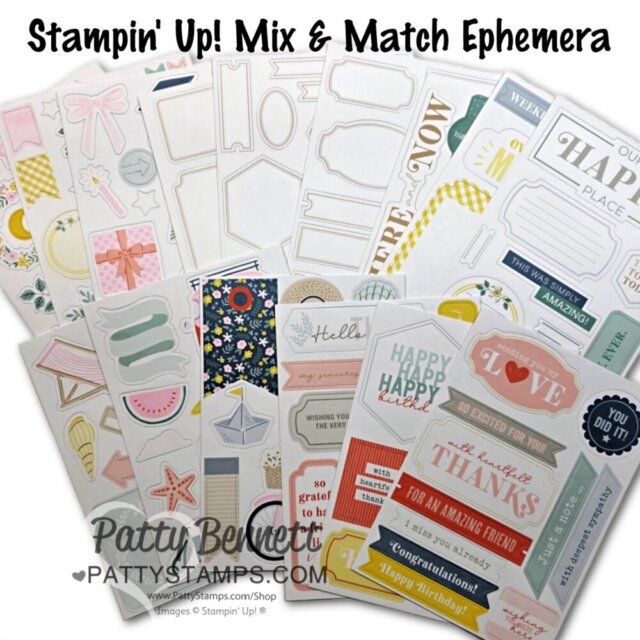 A variety of colorful paper ephemera pieces from Stampin’ Up! are spread out. The items include tags, tickets, labels, stars, hearts, florals, and congratulatory phrases on white, pink, yellow, blue, and patterned backgrounds. Text reads “Stampin’ Up! Mix & Match Ephemera.”. To read more, visit Patty Stamps (pattystamps.com)