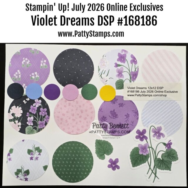 A variety of circular cutouts featuring floral and dotted designs in purple, pink, navy, and green are arranged on a white surface. The designs include violet flowers, leaves, and polka dots. Text above reads "Violet Dreams DSP #168186" and "www.PattyStamps.com. To read more, visit Patty Stamps (pattystamps.com)