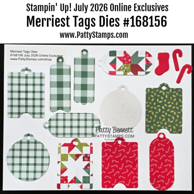 A collection of twelve die-cut holiday gift tags in various shapes and sizes, featuring green plaid, red and green patchwork, and white textured patterns, along with small red stocking and mitten die cuts on a white background. To read more, visit Patty Stamps (pattystamps.com)