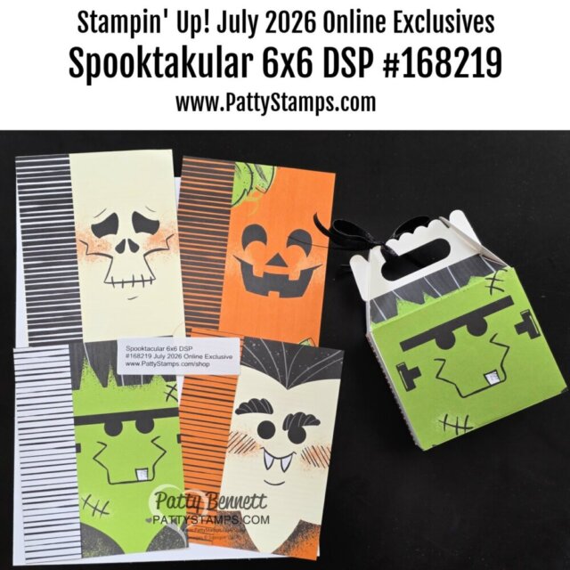 Four Stampin’ Up! Halloween-themed gift bags are shown, each with a cute monster face: skeleton, pumpkin, Dracula, and Frankenstein designs in orange, green, and white patterns. A small Frankenstein treat box sits on the right against a black background. To read more, visit Patty Stamps (pattystamps.com)