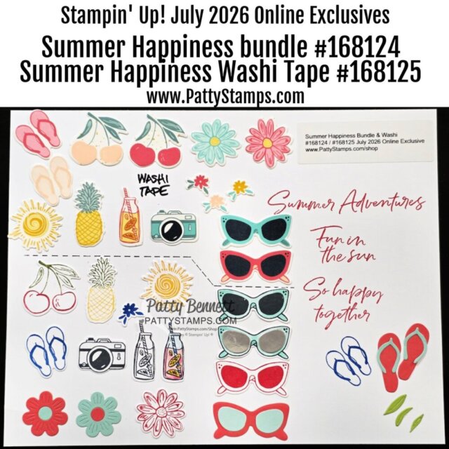 A display of stamped and die-cut summer-themed images, including sunglasses, flowers, fruit, drinks, and cameras in bright colors. The text promotes Stampin’ Up! July 2026 Online Exclusives and includes product names, numbers, and a website. To read more, visit Patty Stamps (pattystamps.com)