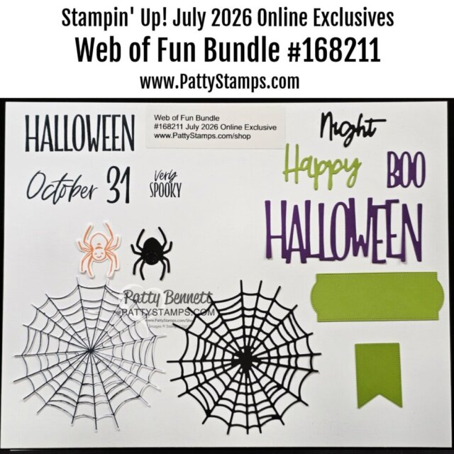 A craft set features Halloween-themed die cuts and stamps, including spiderwebs, a spider, labels, and phrases like “Halloween,” “October 31,” “Night,” “Happy,” “Boo,” and “Very spooky!” in various colors and fonts on a white background. To read more, visit Patty Stamps (pattystamps.com)