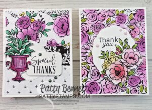 Two handmade cards with vibrant pink and purple floral designs. The left card has a pink urn with flowers and “Special Thanks” text. The right card has a large bouquet with “Thank you” text. Both have decorative backgrounds and small embellishments. To read more, visit Patty Stamps (pattystamps.com)