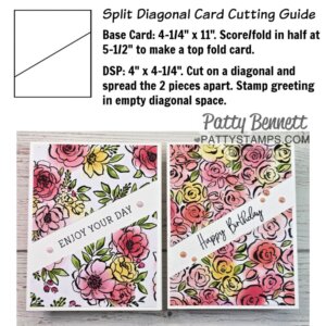 A card-making guide shows how to cut a 4-1/4"x4-1/4" floral paper diagonally, separate the halves, and mount them on white, top-folded cards. Each card features a stamped greeting ("ENJOY YOUR DAY" and "Happy Birthday") over the diagonal space, with pearl embellishments. To read more, visit Patty Stamps (pattystamps.com)