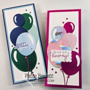 Two handmade birthday cards feature layered balloon cutouts in blues, greens, and pinks on white panels. Each card has a birthday sentiment in a circular tag and small blue embellishments, with colorful balloon strings and textured backgrounds. To read more, visit Patty Stamps (pattystamps.com)