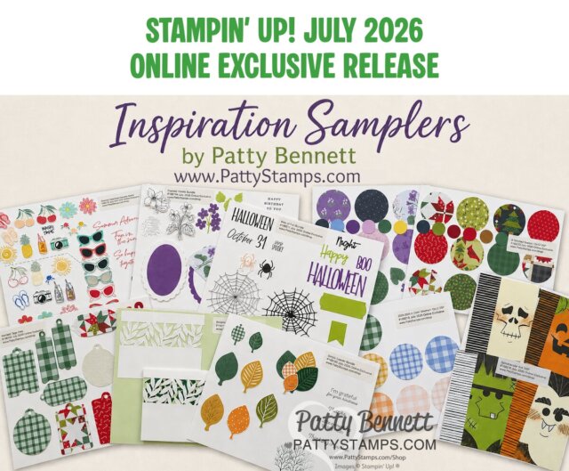 A colorful display of Stampin’ Up! crafting sampler sheets featuring various patterns, leaves, Halloween motifs, and geometric designs. Text reads “Stampin’ Up! July 2026 Online Exclusive Release, Inspiration Samplers by Patty Bennett, www.PattyStamps.com.”. To read more, visit Patty Stamps (pattystamps.com)