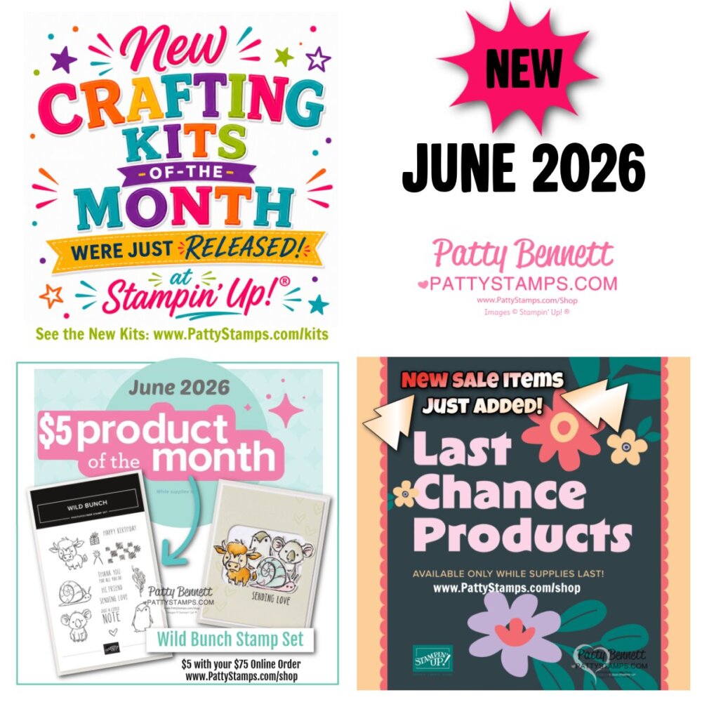 A colorful collage announces new crafting kits, sale items, and a “$5 product of the month” for June 2026 from Patty Stamps. It features playful fonts, floral borders, and images of craft supplies, with bright pink, teal, yellow, and black accents. To read more, visit Patty Stamps (pattystamps.com)