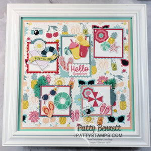 A colorful, framed summer-themed collage with images of sunglasses, flip-flops, drinks, pineapples, cherries, pool floats, and seashells. Five decorated squares feature items like watermelon, cocktails, and “Hello Sunshine” text, on a patterned, beachy background. To read more, visit Patty Stamps (pattystamps.com)