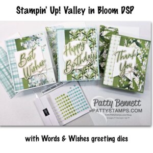 Three handmade greeting cards featuring floral and plaid green designs, each with a raised sentiment: “Best Wishes,” “Happy Birthday,” and “Thank You.” Below are colorful embellishments and the text: “Patty Bennett PattyStamps.com.” Text above and below describes the materials. To read more, visit Patty Stamps (pattystamps.com)