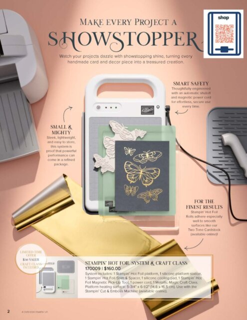 A crafting machine with a butterfly card in progress sits on a table. Gold foil and dies are nearby. Orange and gold text highlights features: portability, safety, and quality. A QR code and shop button are in the upper right. Product details are listed at the bottom. To read more, visit Patty Stamps (pattystamps.com)