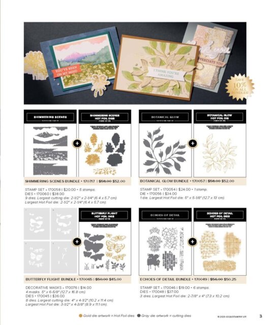 Three handmade thank you cards with floral designs are displayed above a catalogue page featuring four craft stamp and die sets with product names, item numbers, prices, grayscale sample images, and gold icons. The background is light beige. To read more, visit Patty Stamps (pattystamps.com)