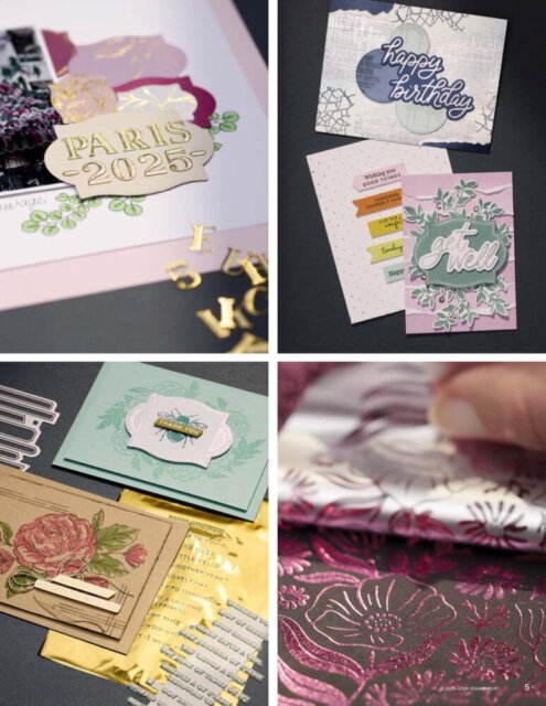 A collage of four close-up shots shows handmade greeting cards with floral, birthday, and Paris themes, using layered paper, metallic embellishments, pastel colors, gold foil, and textured pink botanicals. One hand lifts a corner to reveal shiny, embossed floral details. To read more, visit Patty Stamps (pattystamps.com)