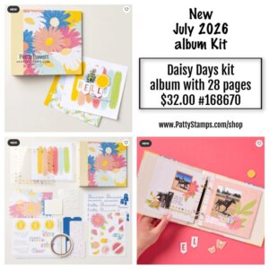 A collage shows a Daisy Days kit album, cards, and supplies. The album has bright floral covers and 28 pages. One spread features photographs of horses. The price is $32.00. The website www.PattyStamps.com/shop appears at the bottom. To read more, visit Patty Stamps (pattystamps.com)