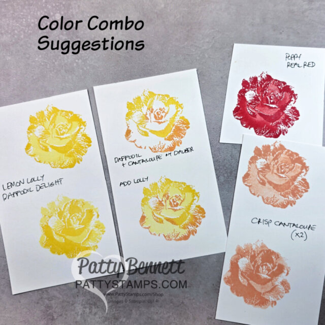 Five stamped rose images on white cards show different color combinations, labeled with names like "Lemon Lolly," "Daffodil & Cantaloupe," "Poppy Parade," and "Crisp Cantaloupe." “Color Combo Suggestions” is written at the top. Patty Bennett watermark is visible. To read more, visit Patty Stamps (pattystamps.com)