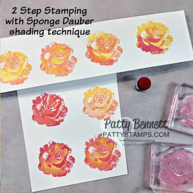 Six stamped multicolor roses are shown on two white sheets, demonstrating a two-step stamping with sponge dauber shading. Pink and yellow ink pads, and a round sponge dauber, are nearby. Text at top left describes the stamping technique. "Patty Bennett" watermark is visible. To read more, visit Patty Stamps (pattystamps.com)
