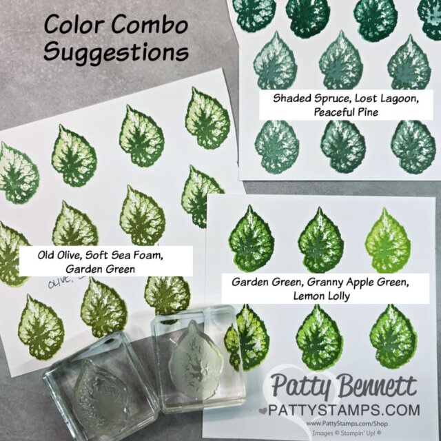 Three stamped leaf art samples show green color combos with text labels. Top: "Shaded Spruce, Lost Lagoon, Peaceful Pine." Left: "Old Olive, Soft Sea Foam, Garden Green." Right: "Garden Green, Granny Apple Green, Lemon Lolly." Blocks are nearby. To read more, visit Patty Stamps (pattystamps.com)