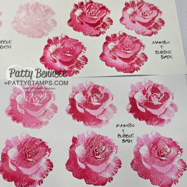 Two sheets of white paper show repeated stamped rose images in pink and red shades. The roses are labeled “Mambo + Bubble Bath.” The Patty Stamps watermark is visible. The floral images vary slightly in tone and detail, demonstrating ink combinations. To read more, visit Patty Stamps (pattystamps.com)