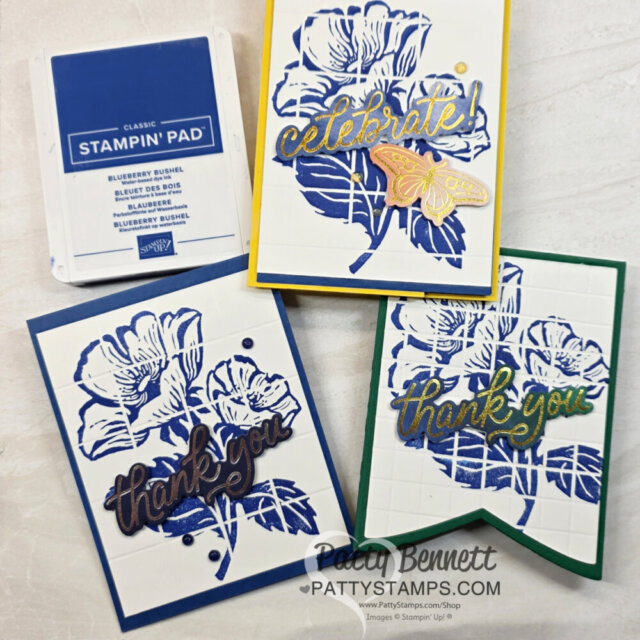 Three handmade cards with blue floral prints and layered "celebrate" or "thank you" cutout words. Cards use Stampin’ Up! Blueberry Bushel ink pad, visible top left. One card has a gold butterfly. "pattystamps.com" watermark on image. To read more, visit Patty Stamps (pattystamps.com)