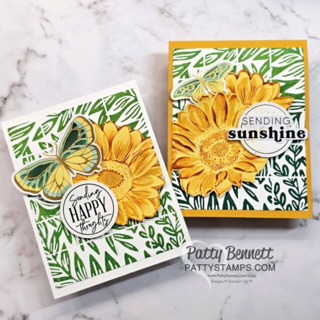 Two handmade greeting cards feature large yellow sunflowers, green leaves, and butterflies over patterned green-and-white backgrounds. One card says "Sending HAPPY thoughts," the other "SENDING sunshine." Both are signed Patty Bennett, pattystamps.com is noted. To read more, visit Patty Stamps (pattystamps.com)