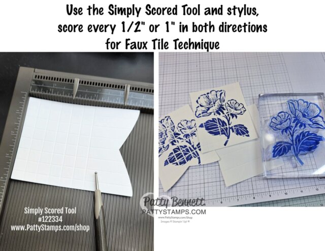 A scored white card is shown on a scoring board, with lines forming a grid. Beside it, inked floral stamps, stamped card pieces, and a clear block with a blue floral stamp sit on a desk, demonstrating a faux tile crafting technique. To read more, visit Patty Stamps (pattystamps.com)