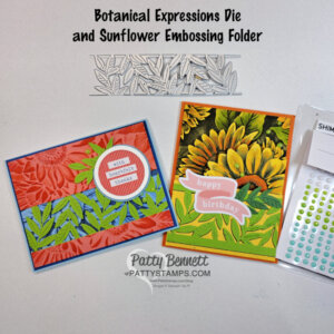 Two handmade greeting cards with botanical themes are shown. The left card is blue and red with leafy die cuts and a “With heartfelt thanks” circle. The right card is orange and green, featuring sunflowers, "happy birthday" text, and rhinestone embellishments. To read more, visit Patty Stamps (pattystamps.com)