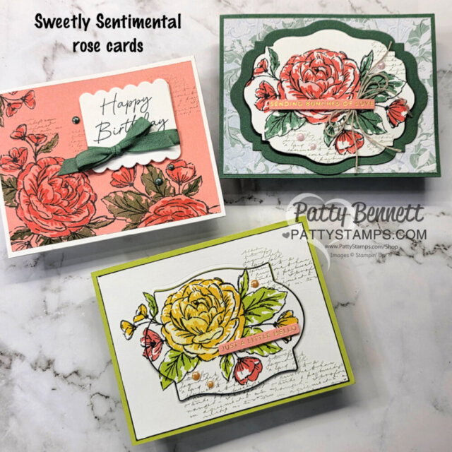 Three handmade rose-themed greeting cards with layered floral designs and scripted backgrounds. The cards are labeled "Sweetly Sentimental rose cards" and feature phrases like "Happy Birthday," "Sending Hugs and Love," and "Just a Little Note. To read more, visit Patty Stamps (pattystamps.com)