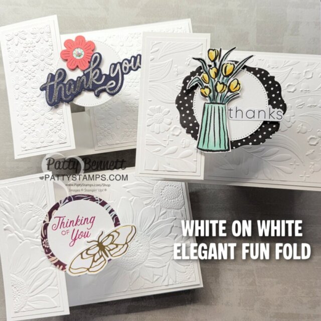 Three white embossed handmade cards with intricate floral patterns, each featuring layered panels. Cards have added decorations: a "thank you" with a flower, tulips in a vase with "thanks," and "Thinking of You" with a gold ribbon. Text reads "WHITE ON WHITE ELEGANT FUN FOLD. To read more, visit Patty Stamps (pattystamps.com)