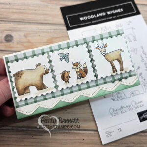 A handmade card features three stamped panels with cute woodland animals: a bear, a hedgehog, a fox, a butterfly, and a deer. The card has green and white borders and sits on a table next to a Woodland Wishes stamp set package. To read more, visit Patty Stamps (pattystamps.com)